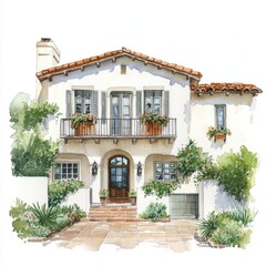 Fototapeta premium Mediterranean Revival Duplex Watercolor Painting, Isolated on White Background