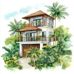 Fototapeta premium Watercolor Painting of a Tropical Modern Duplex House on White Background