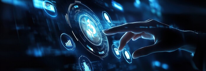 Futuristic digital interface with hand interacting with glowing holographic display and financial icons