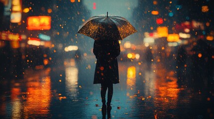 Rainy street with a single pedestrian under a broken umbrella, [solitude], [melancholy in a city setting], 3D illustration