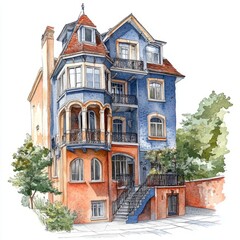 Fototapeta premium Watercolor Painting of Bohemian Quadruplex House - Isolated White Background