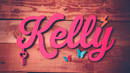pink typography of girls name Kelly with decorative elements on wooden backdrop
