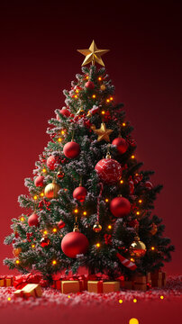 A realistic photograph of a 3D Christmas tree model adorned with red and gold cute ornaments and yellow lights