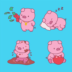 Cute pig character design illustration doing activities, perfect for merchandise needs