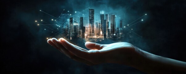 Futuristic hand with illuminated fingers holding a digital cityscape symbolizing innovation and advanced technology