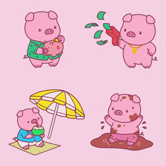 Cute pig character design illustration doing activities, perfect for merchandise needs