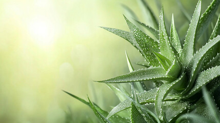 Fototapeta premium Aloe, aloe vera, light green background, realistic photo, editorial design