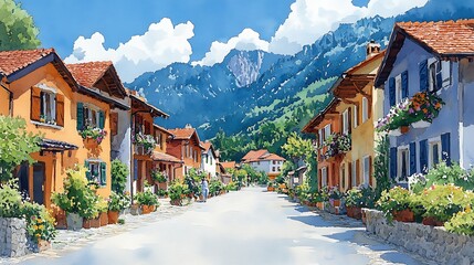 Watercolor Painting of a Charming European Village Street with Mountain View.