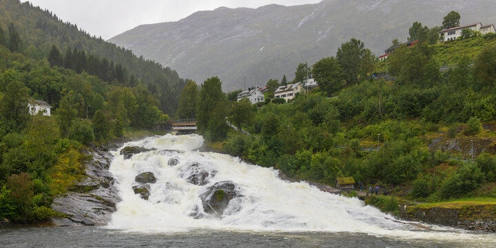 Hellesylt waterfall in Hellesylt at the Geirangerfjord, Norway