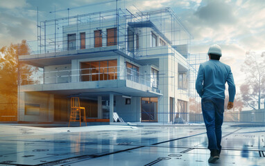 engineer at build site 3d blueprint house