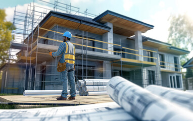 engineer at build site 3d blueprint house
