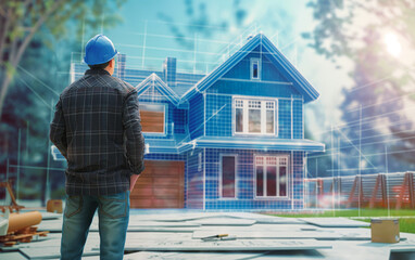 engineer at build site 3d blueprint house