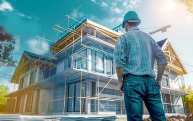 engineer at build site 3d blueprint house