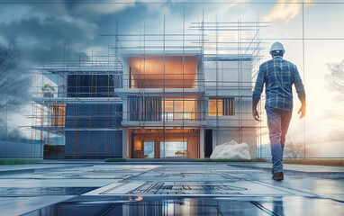 engineer at build site 3d blueprint house