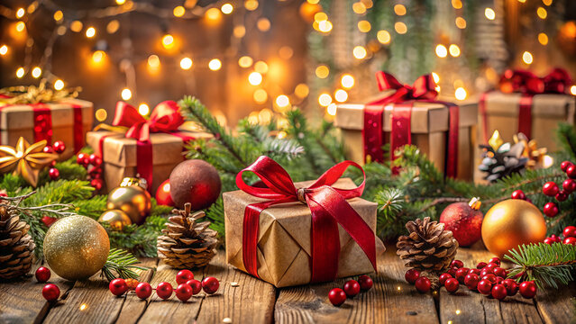 Festive Christmas gifts with red ribbons and decorations on a wooden table