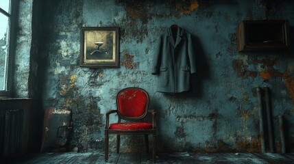 An empty coat hanging on a chair, a room filled with silence, [absence], [missing presence in daily life], 3D illustration