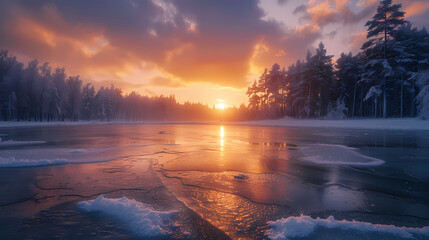 A frozen lake at sunset with a forest in the background