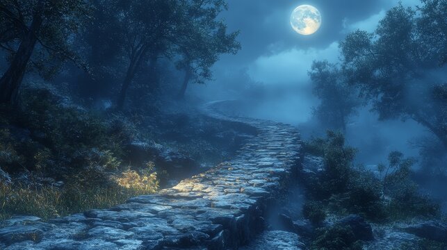 A moonlit path in a forest, leading to nowhere, [aimlessness], [lost in lifeÃ¢â‚¬â„¢s journey], 3D illustration