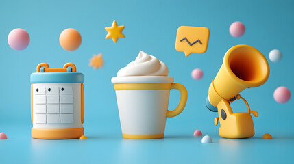 Three floating 3D cartoon style icons a white tea cup, a calendar, and a megaphone arranged with vibrant lighting and smooth textures.
