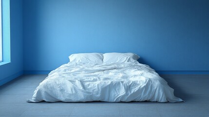 An unmade bed with a single pillow left undisturbed, [loss], [the absence of companionship], 3D illustration