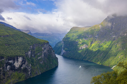 High angle view of of the Geirangerfjord with the seven sisters waterfall in the middle, Norway