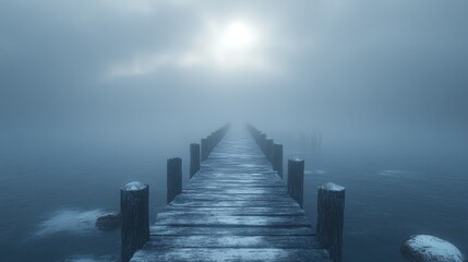 A fog-covered bridge with no visible end in sight, [uncertainty], [crossing into the unknown], 3D illustration