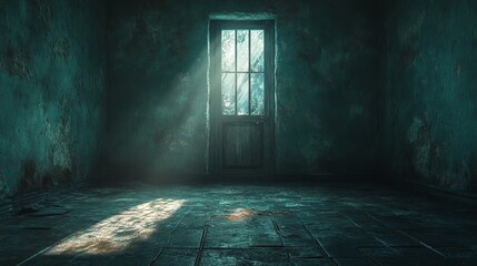 Obraz premium A dark room illuminated only by the light from a cracked door, [escape], [yearning for release from sorrow], 3D illustration