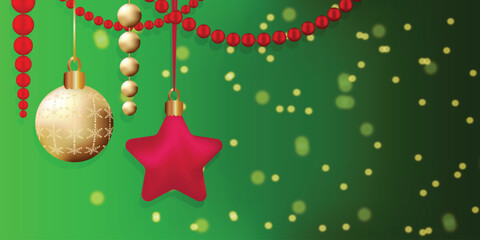 Green background golden sparkles falling down bokeh Xmas mood Merry Christmas greeting card Holiday flyer New Year poster cover banner Shiny lights beads Copy space Red gold ball beads 