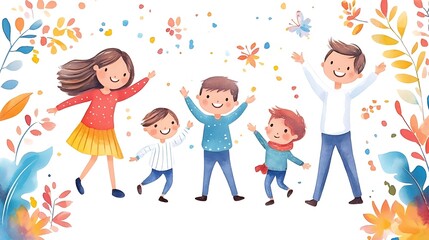 Fototapeta premium Happy Family Watercolor Illustration with Floral Elements.