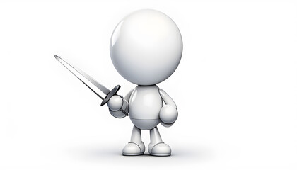 Glossy 3D humanoid holding a fencing sword, standing upright on a plain white background in a clean, modern rendering.