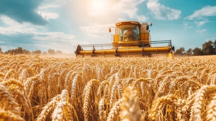 Fototapeta premium Combine Harvester in Golden Wheat Field Under Bright Sunlight