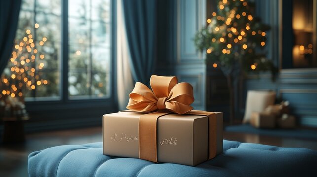 longest shot of Customized gift box with name engraving, elegant wrapping, 3D illustration, on simple background