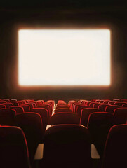Fototapeta premium A glowing large screen in the center of the picture, with a row of red seats in front of the screen