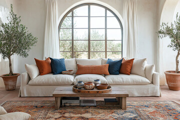 Interior of a residential living room. White sofa and cushion, with arched windows, interior of a Mediterranean house with tables and pots and pottery. Generative AI

