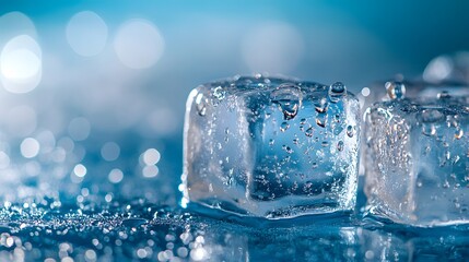 Bright ice cubes, crystal clear, melting droplets, vibrant blue background, intense bokeh effect, copy space, macro photography, high resolution, sharp focus on ice, shallow depth of field.