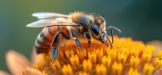 A close up view of a bee collecting nectar from a yellow flower. The bee's body is hairy and its wings are translucent. The flower is in focus, and the bee is slightly out of focus. 