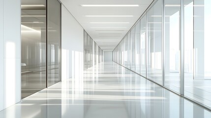 Bright modern office corridor, sleek glass walls, sunlit interior, clean minimalist design, polished floor, symmetrical perspective, corporate architecture, professional workspace.