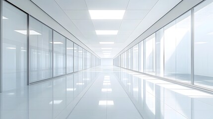 Obraz premium Bright modern office corridor, sleek glass walls, sunlit interior, clean minimalist design, polished floor, symmetrical perspective, corporate architecture, professional workspace.