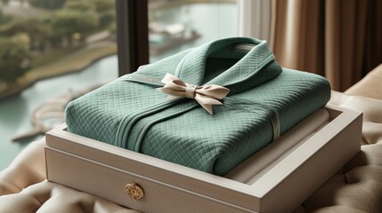 longest shot of Monogrammed silk robe in luxury gift box, personalized fashion, 3D illustration, on simple background