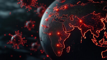 Disease outbreak map, bright red dots marking affected areas, 3D illustration