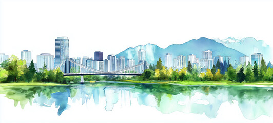 Fototapeta premium Watercolor Painting of Vancouver Canada City Skyline on white background 