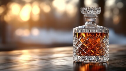 longest shot of Engraved whiskey decanter with custom text, bar accessory, 3D illustration, on simple background