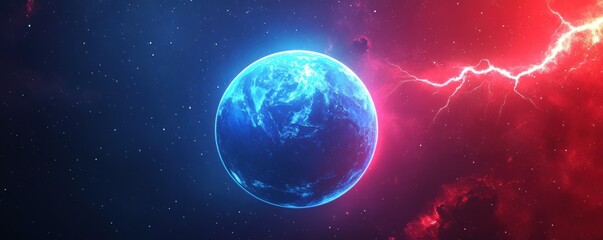 Obraz premium Majestic glowing blue planet with striking red lightning in cosmic space scene