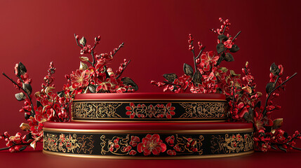 Obraz premium Elegant Red Chinese New Year Podium with Lanterns and Gold Decorative Elements