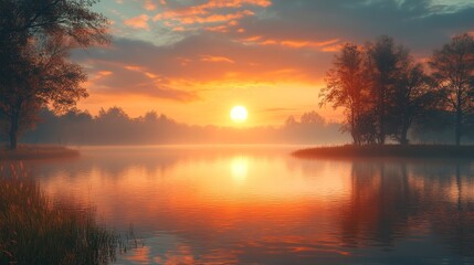 Obraz premium Sunrise reflected in a calm lake, symbolizing the beauty of new beginnings, 3D illustration