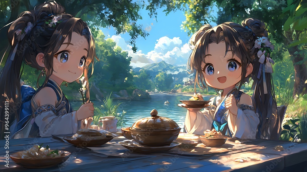 Sticker Two Adorable Anime Girls Enjoying a Meal by a River.