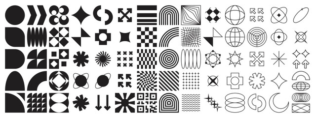 Brutalist Shapes, Geometric Forms. Bauhaus Minimalist Graphic Design Elements. Trendy Y2K Vector Signs. Brutal contemporary figure star oval spiral circle and other primitive elements.