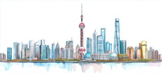 Obraz premium Watercolor Painting of Shanghai China City Skyline on white background 