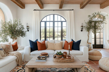 Fototapeta premium Interior of a residential living room. White sofa and cushion, with arched windows, interior of a Mediterranean house with tables and pots and pottery. Generative AI 