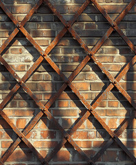 Metal lattice trellis against a brick wall, early afternoon sunlight highlighting the texture of both materials